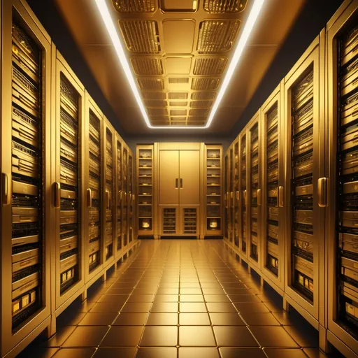 Prompt: gold server room interior facebook, (luxurious),  server racks, warm golden tones, (ambient lighting), elaborate textures, opulence, sophisticated decor, retro technological gadgets, high detail, (intricate details), moody atmosphere, ultra-detailed, (artistically rich).