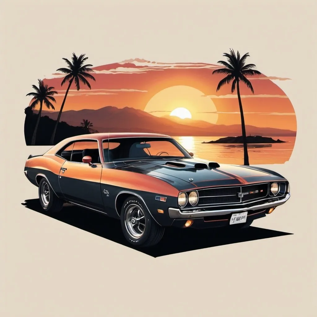 Prompt: captivating sunset-themed t-shirt featuring a sleek, vintage muscle car cruising along a coastal highway, with the warm glow of the setting sun illuminating the sky and reflecting off the car's polished exterior. Infuse the design with a sense of adventure and nostalgia, capturing the essence of freedom and exploration on the open road.