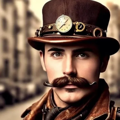 Prompt: steampunk cap moustache man attractive
