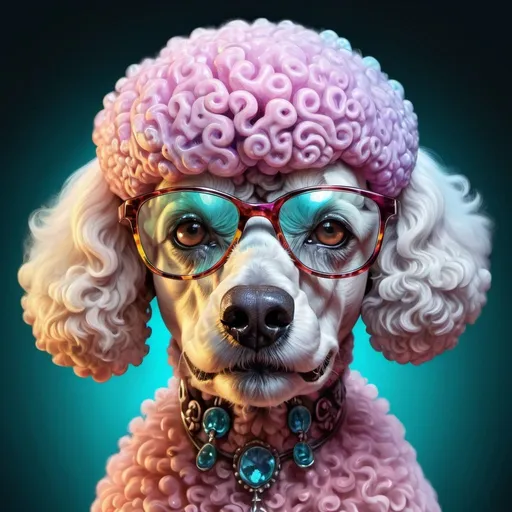 Prompt: Detailed digital illustration of a poodle with a translucent glass skull, showcasing a vibrant brain, high-res, ultra-detailed, digital painting, surreal, vibrant colors, intricate glass texture, detailed fur with reflections, focused gaze, surreal lighting, poodle, glass skull, vibrant brain, digital painting, surreal, vibrant colors, intricate glass texture, detailed fur, reflections, focused gaze