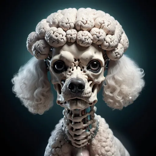 Prompt: Poodle with see-through skull, detailed brain, surreal concept, high quality, surrealism, detailed fur, anatomical art, artistic rendering, cool tones, atmospheric lighting, surreal, detailed brain, professional, highres, ultra-detailed