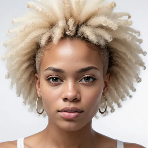 Prompt: No makeup, detailed skin, brown skin , American model female, clear skin, hyper realistic, professional photography, ultra detailed, white background, full Afro features, front face, model features, chiseled features, bald, photo realistic 
