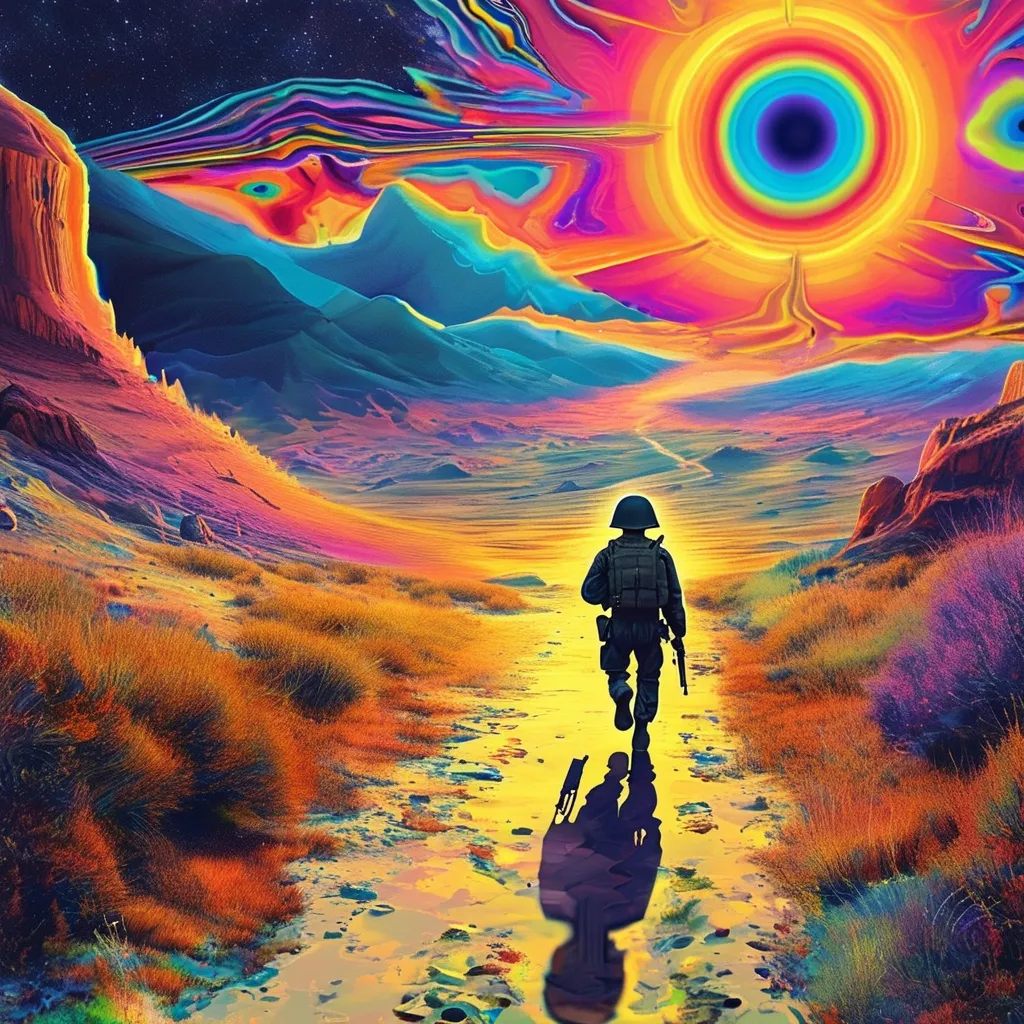 Prompt: A psycoldelic landscape right out of an LSD drip with a small image of a soldier walking into it without a gun.