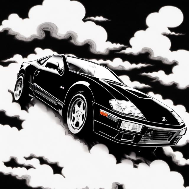 Prompt: A black-and-white, anime-style image of a black nissan 300zx with black rims racing at full speed on a spooky hotwheels-style track wrapped in clouds of shadowy faces.