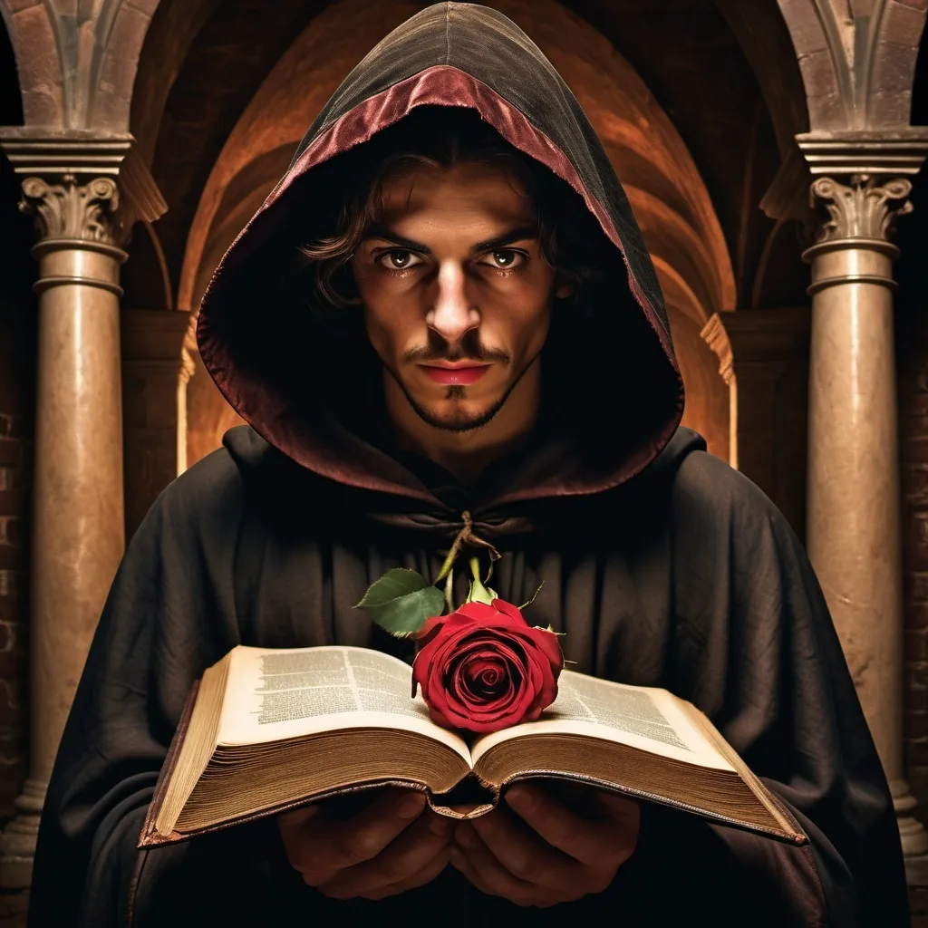 Prompt: Caravaggio-style illustration of 'The Name of the Rose' book cover, dramatic chiaroscuro lighting, medieval monastery setting, aged and weathered manuscript, mysterious hooded figure, intense expression, vintage color palette, detailed facial features, high quality, chiaroscuro, medieval, mysterious, intense expression, vintage colors, detailed, atmospheric lighting