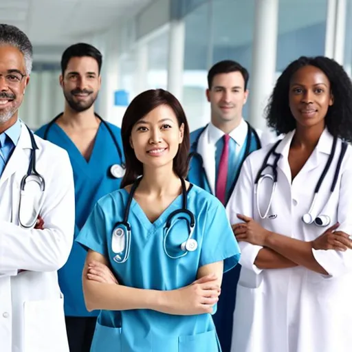 Prompt: Diverse group of healthcare professionals united to serve the patient