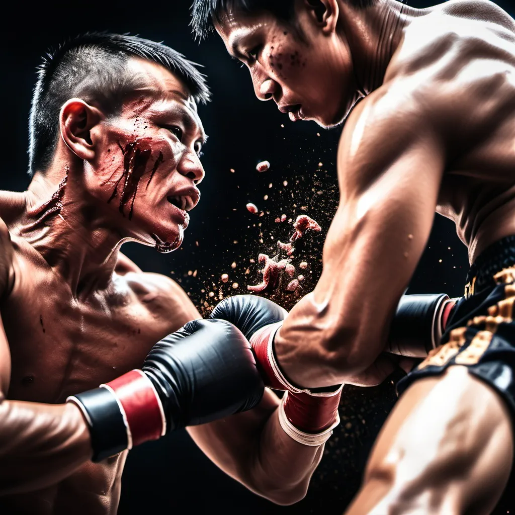 Prompt: muay thai fighters fighting, detailed texture and details. macro lens, product photography, blood