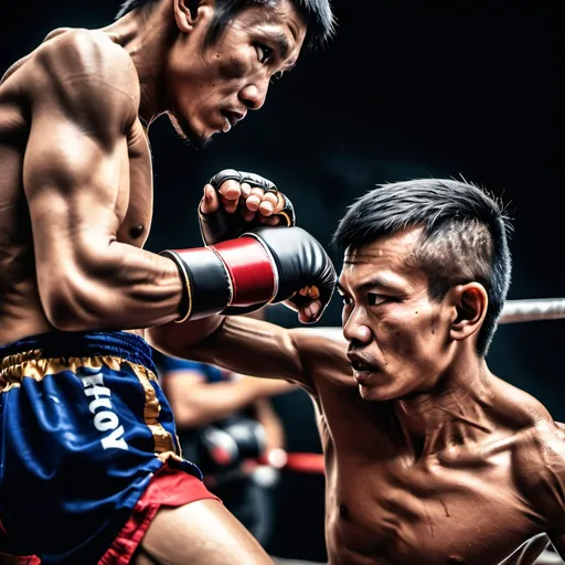 Prompt: muay thai fighters fighting, detailed texture and details. macro lens, product photography