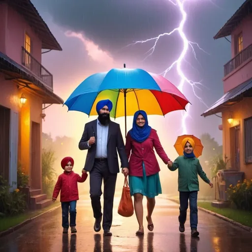 Prompt: (family of four under an umbrella), (whimsical imp of insurance), warm and inviting scene, bright and colorful, depicting security, togetherness and protection, cheerful expressions, ensuring a cozy atmosphere, illustrative style, vibrant colors, enchanting background with playful elements, symbolism of safety and unity, 4K, ultra-detailed. make very bad weather as it will symbalize imp of insurance family is safe
add lightning in the back and make a sikh family
