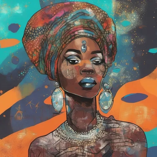 Prompt: Pop art, African woman with jewelry, galaxy over her head, futuristic  background