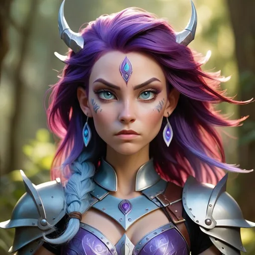 Prompt: Imagine a scene featuring a Caucasian female with light blue skin, pointed ears, and vibrant purple hair. She is garbed in intricately designed leather armor, exuding an aura of resolute strength. Poised for action, she has an ethereal dagger, crafted from whirling silver smoke, hovering near her hand, seemingly resonating with her unspoken power. The overall atmosphere hints at her being a magical protector or a warrior from another realm, emphasizing her unique and enchanting appearance amidst an undefined, mysterious background.