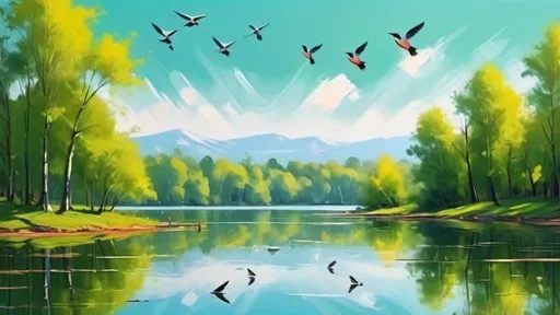 Prompt: a Beautiful lake, green trees on the shore of the lake and birds flying over them. A Shining Day. in abstract art