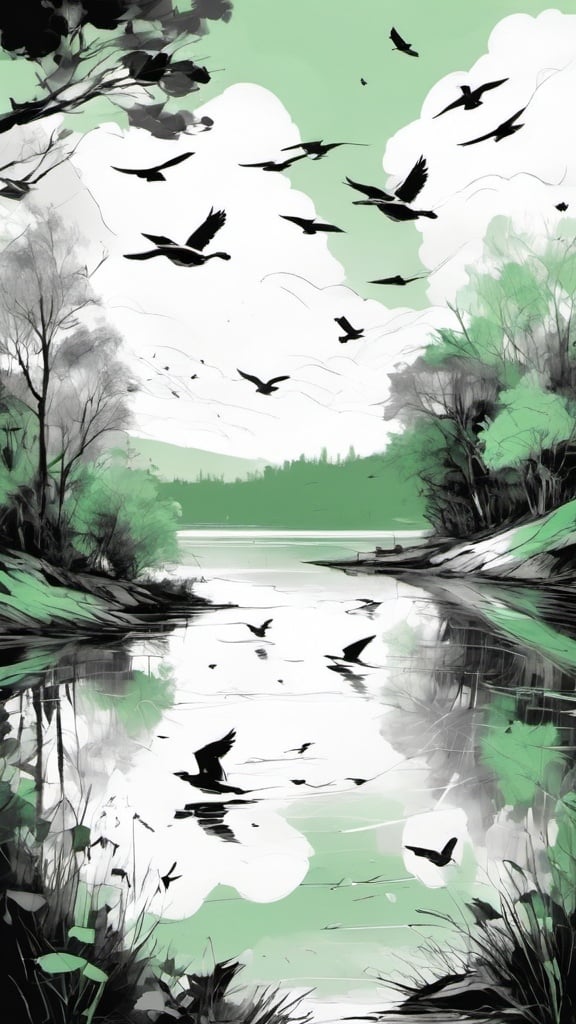 Prompt: a Beautiful lake, green trees on the shore of the lake and birds flying over them. A Shining Day. in abstract art