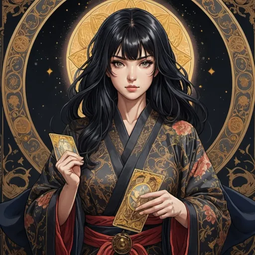 Prompt: tarot card Anime illustration, a black-haired woman, detailed ornate cloth robe, studio lighting