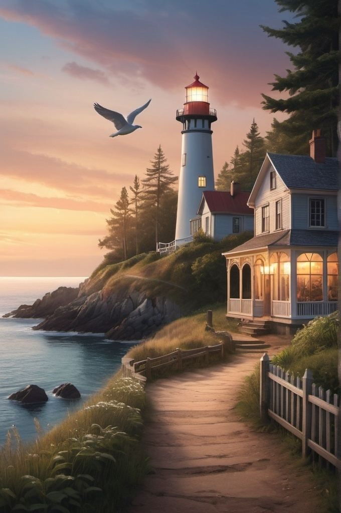 Prompt: Create a novel cover image that captures the essence of "A Path of Light." The scene should be set in a small coastal town known for its serene beaches, lush forests, and an iconic historic lighthouse that has guided sailors for centuries. The lighthouse, standing tall against a backdrop of a twilight sky, symbolizes hope and guidance. The town’s tranquil atmosphere is reflected in the soft glow of the setting sun, casting a warm light on the secluded forest path leading to the sea.

In the foreground, feature a quaint coffee shop by the shore, with a few tables outside, and a mysterious old bookstore nearby, its windows hinting at ancient wisdom within. The cover should evoke a sense of peace, mystery, and a journey of self-discovery, with subtle elements like a gently winding path or the silhouette of a figure walking towards the lighthouse, representing the protagonist’s spiritual journey.