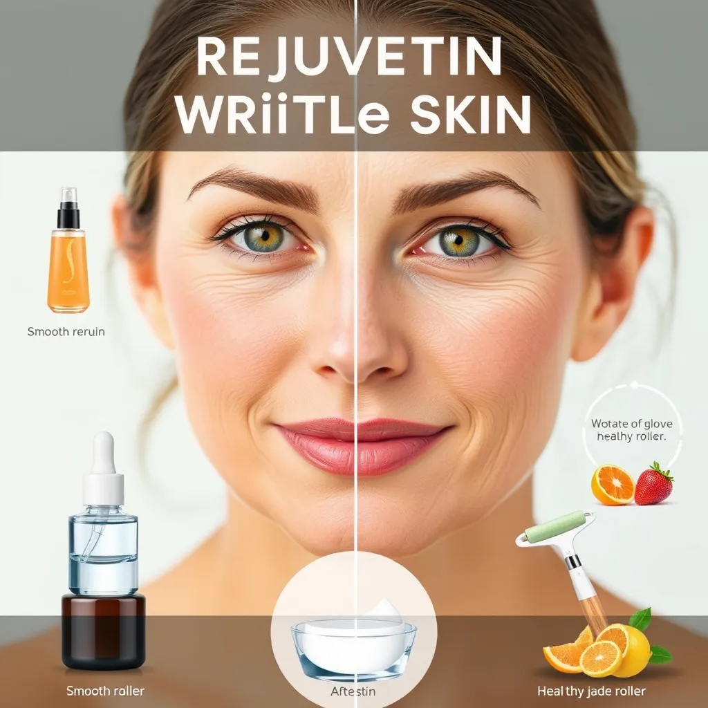 Prompt: Create a detailed image illustrating the process of rejuvenating wrinkled skin. The image should show a woman with before-and-after skin transformation, emphasizing smooth, glowing skin on one side and wrinkled skin on the other. Include visual elements like skincare products (serums, creams), tools (derma roller, jade roller), and healthy lifestyle icons (water, fruits). The background should be soft and calming, with a light, airy color palette to convey the theme of renewal and vitality






