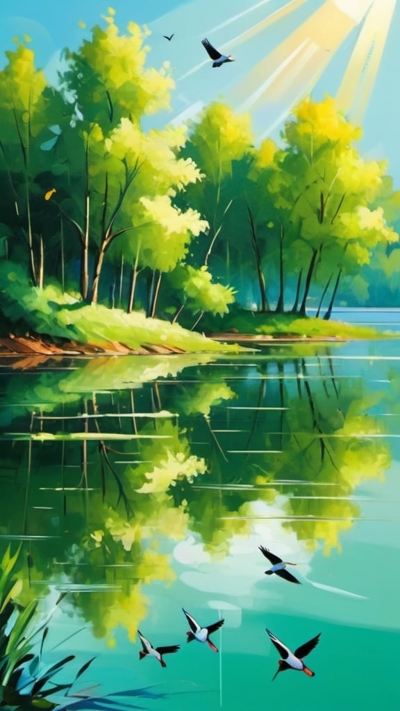 Prompt: a Beautiful lake, green trees on the shore of the lake and birds flying over them. A Shining Day. in abstract art