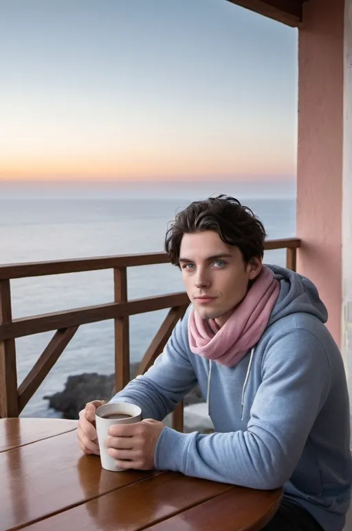 Prompt: A young man with dark hair and blue eyes, sitting by a wooden table on what appears to be a balcony or terrace. He's holding a cup of steaming beverage, possibly coffee or tea. The man is wearing a gray hoodie and a beige scarf wrapped around his neck. In the background, there's a breathtaking view of a coastal area with rocky cliffs, a lighthouse, and a vast expanse of the sea. The sky is painted with hues of pink, purple, and blue, suggesting either dawn or dusk.