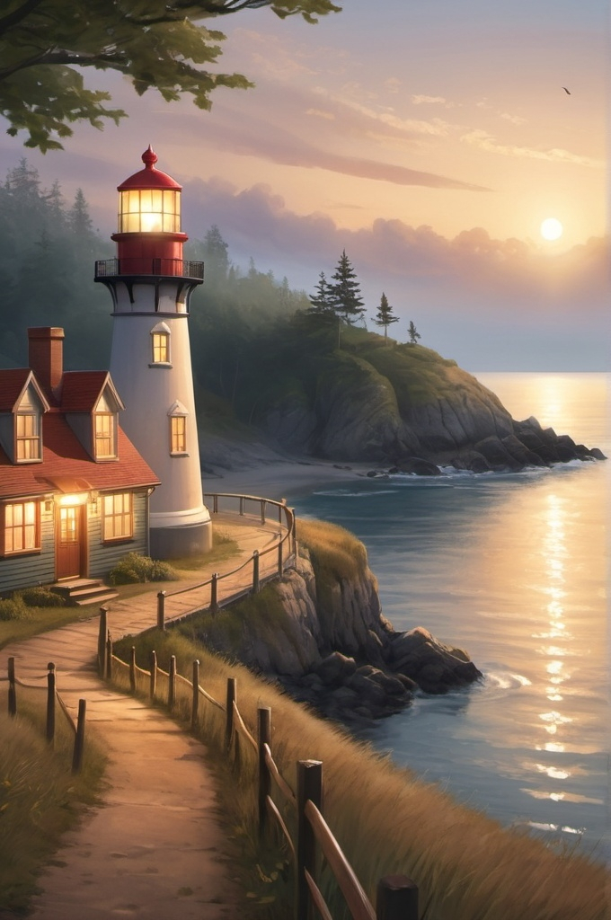 Prompt: Create a novel cover image that captures the essence of "A Path of Light." The scene should be set in a small coastal town known for its serene beaches, lush forests, and an iconic historic lighthouse that has guided sailors for centuries. The lighthouse, standing tall against a backdrop of a twilight sky, symbolizes hope and guidance. The town’s tranquil atmosphere is reflected in the soft glow of the setting sun, casting a warm light on the secluded forest path leading to the sea.

In the foreground, feature a quaint coffee shop by the shore, with a few tables outside, and a mysterious old bookstore nearby, its windows hinting at ancient wisdom within. The cover should evoke a sense of peace, mystery, and a journey of self-discovery, with subtle elements like a gently winding path or the silhouette of a figure walking towards the lighthouse, representing the protagonist’s spiritual journey.