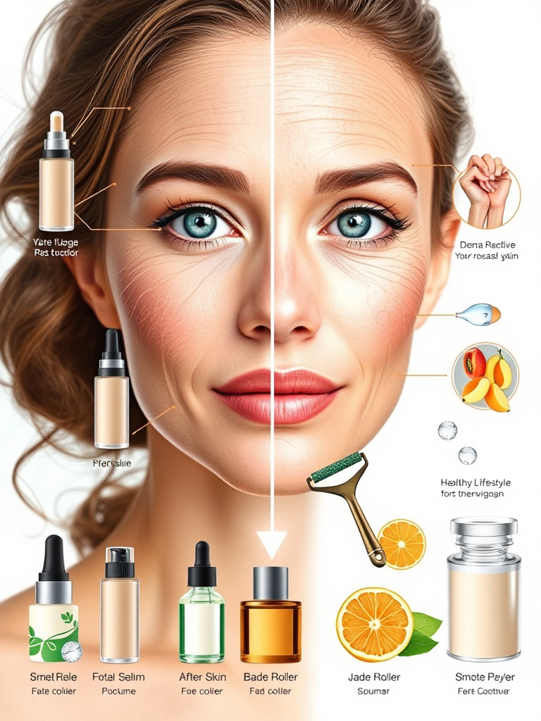 Prompt: Create a detailed image illustrating the process of rejuvenating wrinkled skin. The image should show a woman with before-and-after skin transformation, emphasizing smooth, glowing skin on one side and wrinkled, aged skin on the other. Include visual elements like skincare products (serums, creams), tools (derma roller, jade roller), and healthy lifestyle icons (water, fruits). The background should be soft and calming, with a light, airy color palette to convey the theme of renewal and vitality






