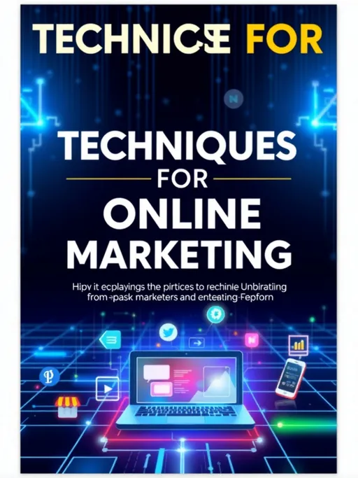 Prompt: Prompt: Create an eye-catching eBook cover titled "Techniques for Online Marketing." The design should be modern and professional, featuring bold typography that stands out against a sleek, digital-themed background. The cover should incorporate elements related to online marketing, such as social media icons, analytics graphs, and a glowing network grid to represent connectivity. Use a color palette of deep blues and bright accents like neon green or orange to convey innovation and energy. Include subtle images of a laptop, smartphone, and digital ads to emphasize the focus on online platforms. The overall look should be polished, with a tech-savvy vibe that appeals to marketers and entrepreneurs.