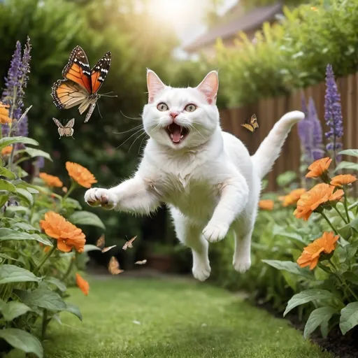 Prompt: a cat jumping on a butterfly in a garden