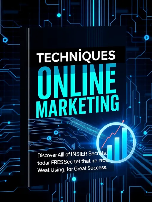 Prompt: Prompt: Design a captivating eBook cover for "Techniques for Online Marketing," with the subtitle "Discover All of the INSIDER SECRETS that the Pros Are Using with Great Success." The cover should feature a sleek, modern design with a tech-driven aesthetic. Use bold, dynamic typography for the title, making it the focal point, while the subtitle is displayed in a slightly smaller yet eye-catching font.

The background should include elements like a digital network grid, glowing lines of code, or abstract graphics representing data flow. Incorporate subtle imagery such as a magnifying glass highlighting keywords, social media icons, or upward-trending graphs to symbolize success in online marketing. Use a sophisticated color palette with deep blues, metallic silvers, and accents of neon green or bright orange to convey innovation and expertise. The overall design should be polished and professional, appealing to both aspiring and seasoned marketers looking to unlock the secrets of online marketing success.






