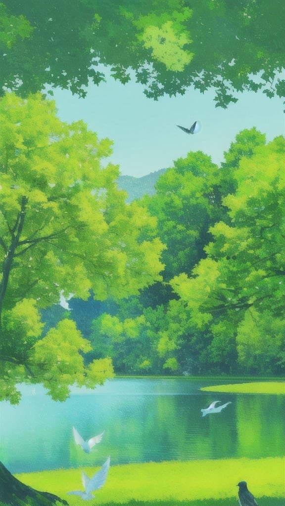 Prompt: a Beautiful lake, green trees on the shore of the lake and birds flying over them. A Shining Day. in abstract art