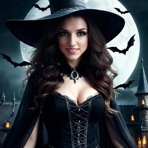 Prompt: Young and beautiful witch, conical hat, haunted castle background, half moon, bats, highres, detailed, gothic, fantasy, mystical, dark tones, atmospheric lighting, detailed facial features, professional rendering