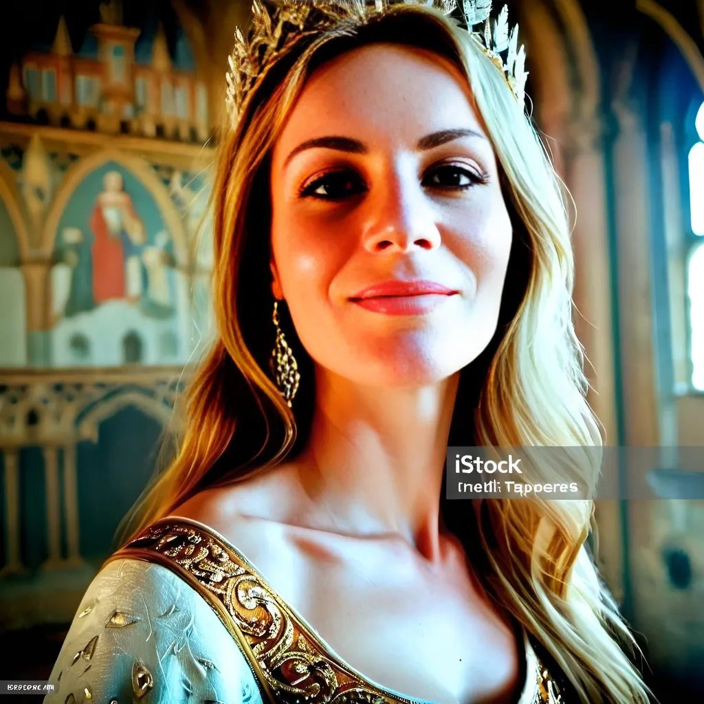 Prompt: beautiful French queen wearing golden crown with diamonds is smiling and standing in the castle hall, tapestries on the wall, medieval atmosphere, majestic