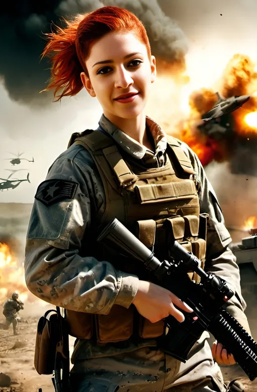 Prompt: Veteran redhead woman soldier in full combat gear, holding automatic rifle, battle-worn, explosions, smoke, helicopters overhead, trenches, intense atmosphere, high quality, warzone, gritty, action-packed, detailed uniform, realistic, dramatic lighting, military, combat, battlefield, intense, atmospheric, chaotic