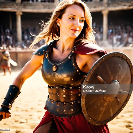 Prompt: a woman gladiator fighting in the arena, blood splatter, sand, cheering crowd, Roman Caesar, epic battle, dramatic lighting, detailed armor, high quality, realistic style, intense expressions, dynamic composition, action-packed, historical, ancient Rome, intense atmosphere, traditional materials, dynamic poses, realistic textures