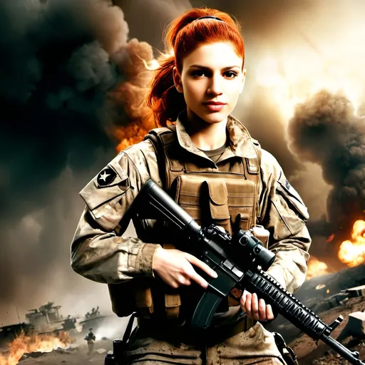 Prompt: Veteran redhead woman soldier in full combat gear, holding automatic rifle, battle-worn, explosions, smoke, helicopters overhead, trenches, intense atmosphere, high quality, warzone, gritty, action-packed, detailed uniform, realistic, dramatic lighting, military, combat, battlefield, intense, atmospheric, chaotic