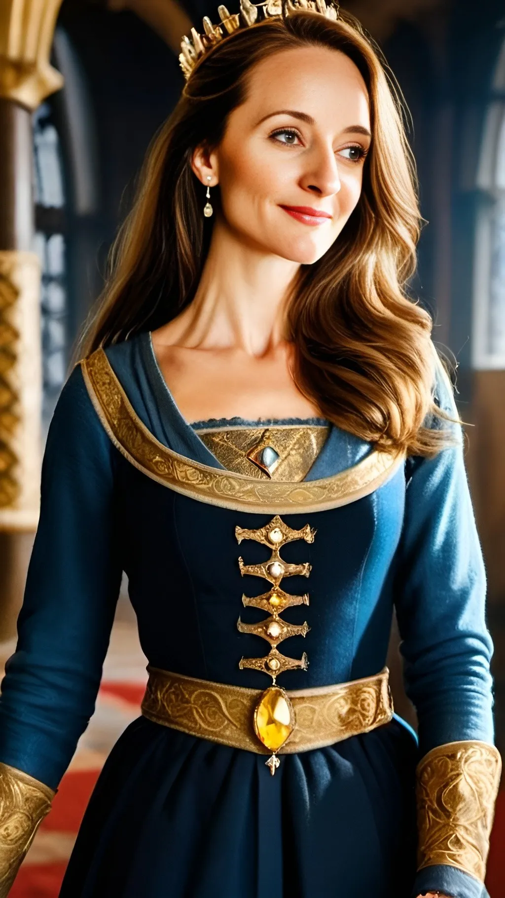 Prompt: Beautiful French queen with golden diamond crown, dark hair, blue eyes, medieval castle hall with tapestries, majestic atmosphere, highres, detailed, medieval, regal, luxurious, golden crown, diamond, smiling, majestic hall, tapestries, medieval atmosphere, professional, atmospheric lighting