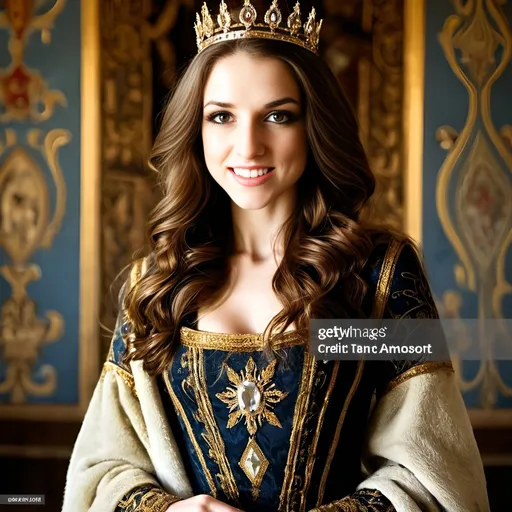 Prompt: Young and Beautiful French queen with golden diamond crown, medieval castle hall with tapestries, majestic atmosphere, highres, detailed, medieval, regal, luxurious, golden crown, diamond, smiling, majestic hall, tapestries, medieval atmosphere, professional, atmospheric lighting