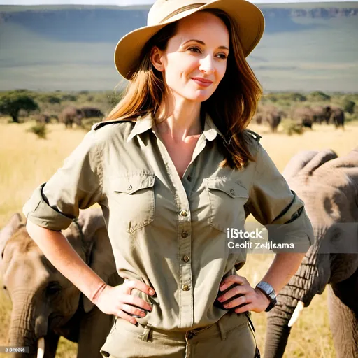 Prompt: a beautiful dark haired woman is on a safari in Africa wearing expedition clothing a shirt and brimmed hat, Kilimanjaro in the background, african savanna, elephants, lions, zebras, sunny day