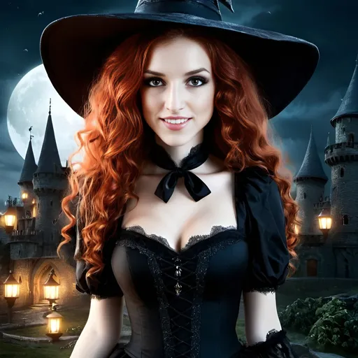 Prompt: Young and beautiful witch, curly red hair, conical hat, haunted castle background, half moon, bats, highres, detailed, gothic, fantasy, mystical, dark tones, atmospheric lighting, detailed facial features, professional rendering