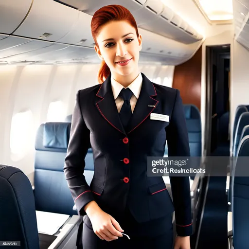 Prompt: beautiful redhead flight attendant smiling, impeccable uniform, empty passenger plane, high-quality, detailed rendering, realistic, professional, bright and airy, luxurious, sophisticated lighting, aviation industry, commercial airplane interior, attentive and friendly expression, elegant design, professional attire, high-res, detailed features, realistic portrayal