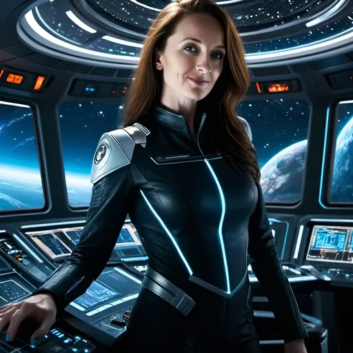 Prompt: Dark-haired woman with piercing blue eyes at the command bridge of a futuristic starship, panoramic views of distant planets and stars on the viewscreen, deep space, highres, ultra-detailed, sci-fi, futuristic, commanding presence, intense gaze, sleek design, professional, atmospheric lighting, space exploration, high-tech control panel, cosmic backdrop, futuristic technology