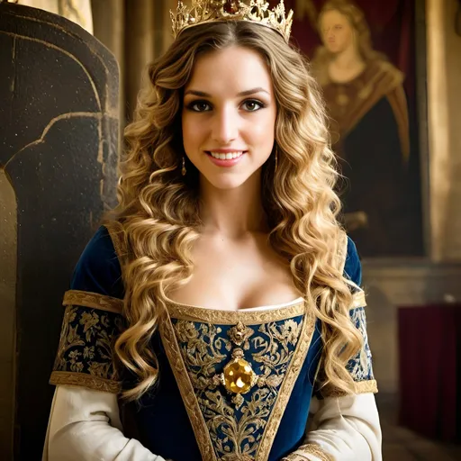 Prompt: Young and Beautiful French queen with blonde curly hair and golden diamond crown, medieval castle hall with tapestries, majestic atmosphere, highres, detailed, medieval, regal, luxurious, golden crown, diamond, smiling, majestic hall, tapestries, medieval atmosphere, professional, atmospheric lighting