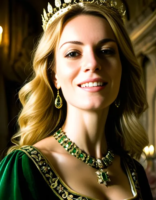 Prompt: Beautiful French queen with golden diamond crown wearing green velvet dress, medieval castle hall with tapestries, majestic atmosphere, highres, detailed, medieval, regal, luxurious, golden crown, diamond, smiling, majestic hall, tapestries, medieval atmosphere, professional, atmospheric lighting