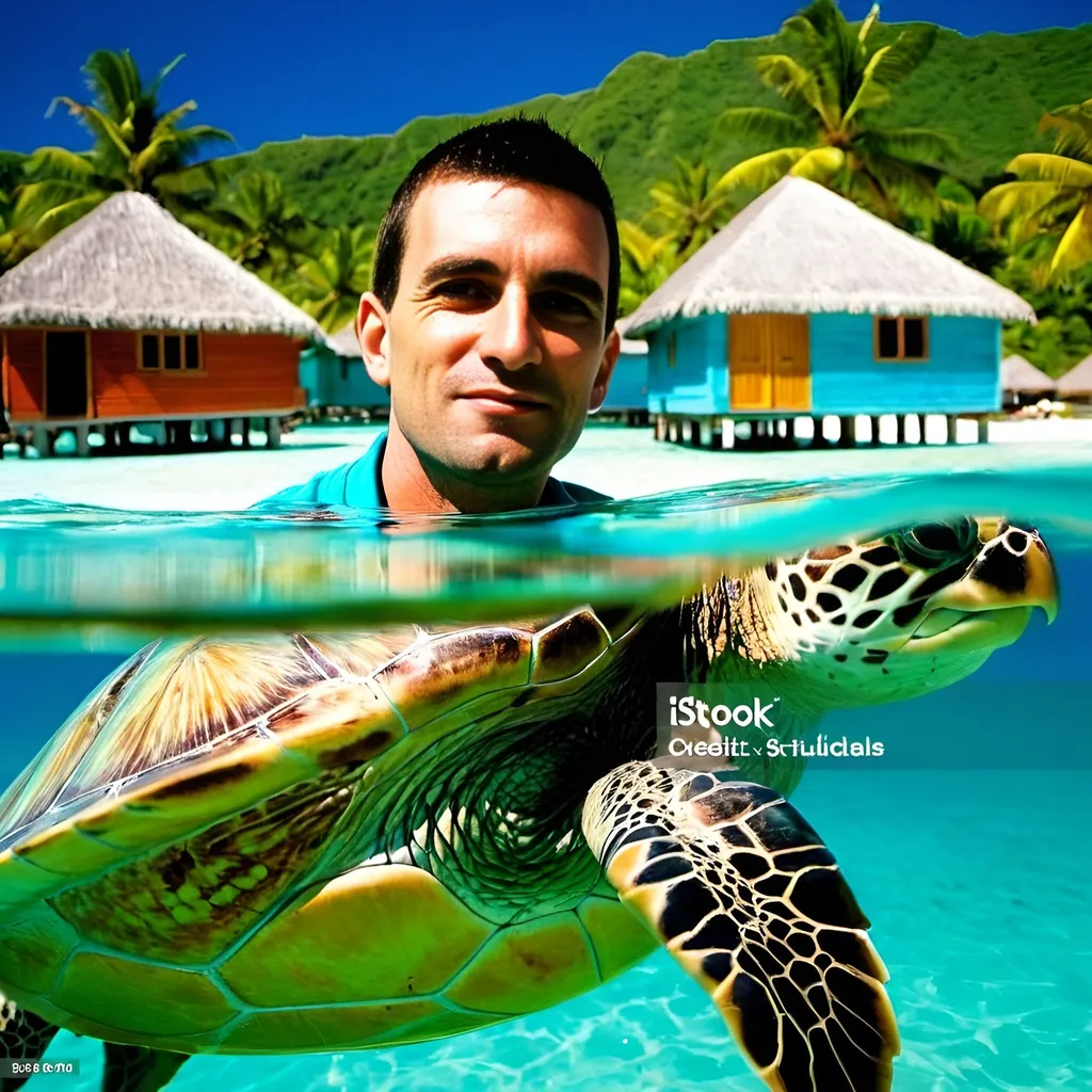 Prompt: happy man is drinking a coctail on Bora Bora island tropical setting turquoise water sea huts turtles dolphins