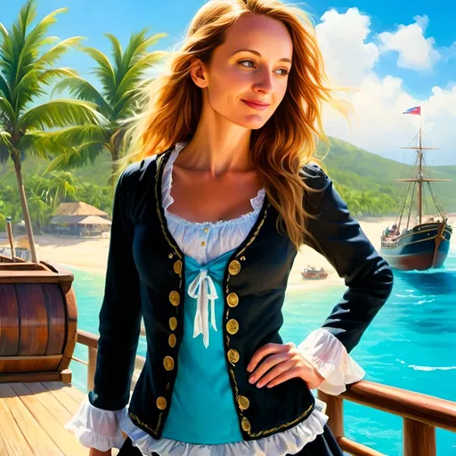 Prompt: Young pirate girl with blue eyes, standing on a ship's deck, pirate ships in the background, Caribbean scenery, sandy beaches, turquoise water, lagoon, palm trees, sunny day, oil painting, detailed facial features, vibrant colors, highres, realistic, Caribbean style, sunny lighting