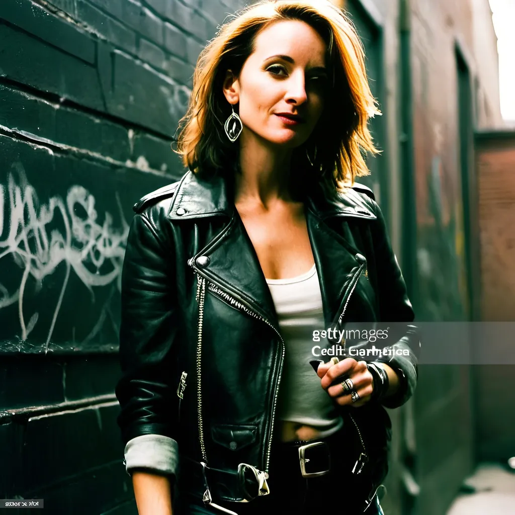 Prompt: dark haired woman smoking punk member of New York street gang in the 80's holding a club, gritty urban environment, vintage film grain, intense facial expression, leather jacket, street graffiti, cinematic lighting, high quality, gritty, vintage, urban, intense expression, leather, graffiti, cinematic lighting