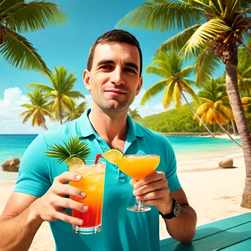 Prompt: Happy man drinking cocktail in tropical paradise, vibrant colors, detailed palm trees, clear turquoise sea, sandy shore, realistic, high quality, tropical, relaxed atmosphere, warm sunlight, professional, realistic, detailed, sunny, tropical paradise, detailed man, colorful cocktail, beach, vacation vibes