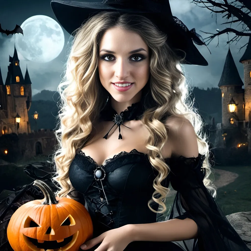 Prompt: Young and beautiful witch, curly blonde hair, conical hat, haunted castle background, half moon, bats, pumpkins, highres, detailed, gothic, fantasy, mystical, dark tones, atmospheric lighting, detailed facial features, professional rendering