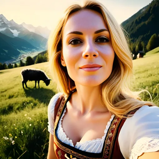 Prompt: Lovely golden-haired girl in Alps meadow wearing dirndl traditional folk dress, serene atmosphere, high-quality, detailed, realistic, traditional painting, Heidi-inspired, nature bliss, snow-covered peaks, peaceful, tranquil, alpine meadow, joyful lamb,warm sunlight, golden hour lighting, traditional art style, idyllic, joyous, pristine nature