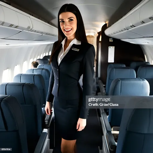 Prompt: a beautiful dark haired flight attendant is smiling and standing inside an empty passenger plane