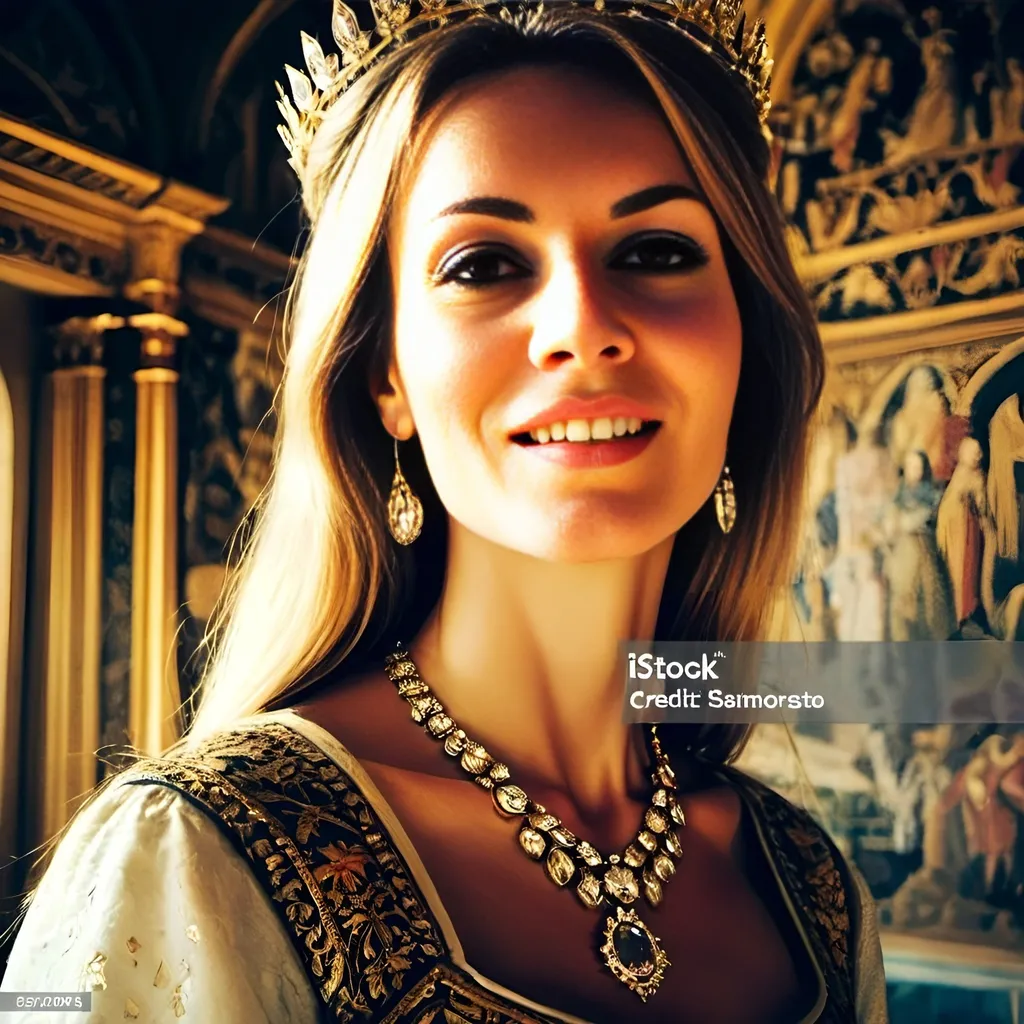 Prompt: beautiful French queen wearing golden crown with diamonds is smiling and standing in the castle hall, tapestries on the wall, medieval atmosphere, majestic