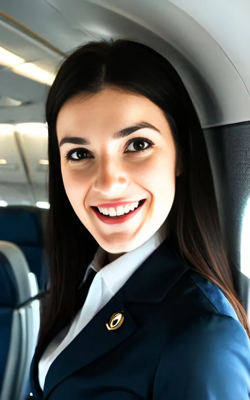 Prompt: a beautiful dark haired flight attendant is smiling and standing inside an empty passenger plane